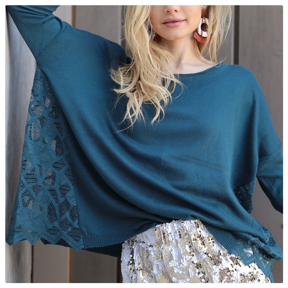 Midnight Blue Teal Boho Lace Panel Sweater - Picture 3 of 7